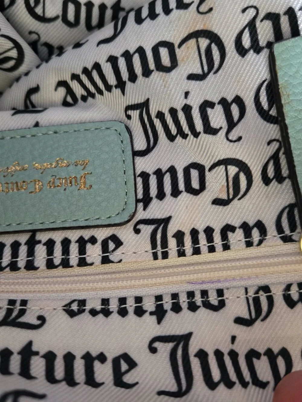 Juicy Couture Pebbled Leather Crossbody Satchel, Light Gray/Teal, Gold Hardware
